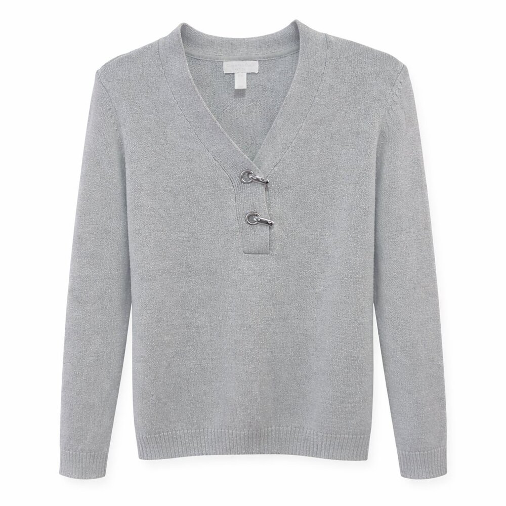 Charter Club Silver Metallic V-Neck Toggle Sweater PM NWOT - Picture 6 of 10
